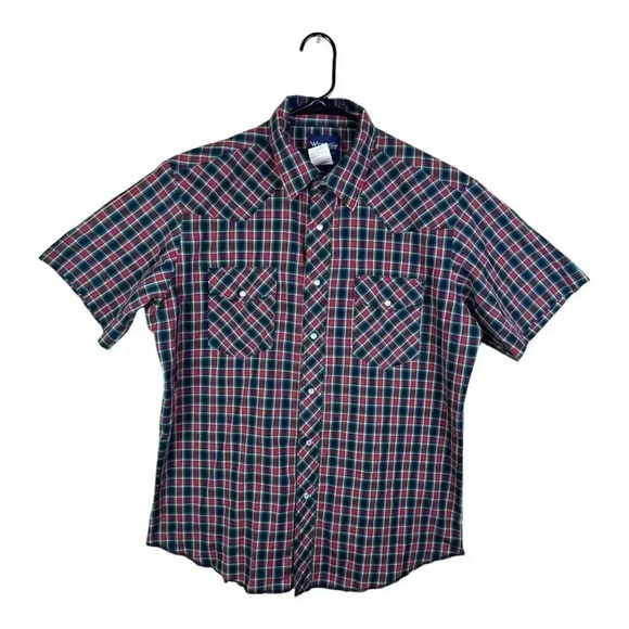 Vintage 90s Wrangler Large Western Pearl Snap Button Shirt Plaid Blue Green Red - Picture 1 of 13